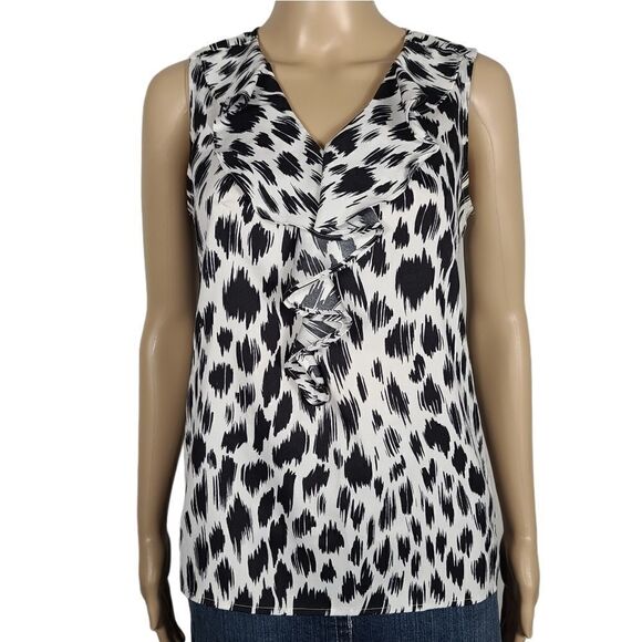 Ann Taylor  Animal Print Ruffle Neck Silk Top - Picture 1 of 13